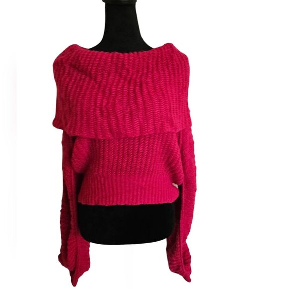 Free People Pink Chunky Wool Blend Knit Off-The- Shoulder  Sweater Size L - Picture 2 of 5